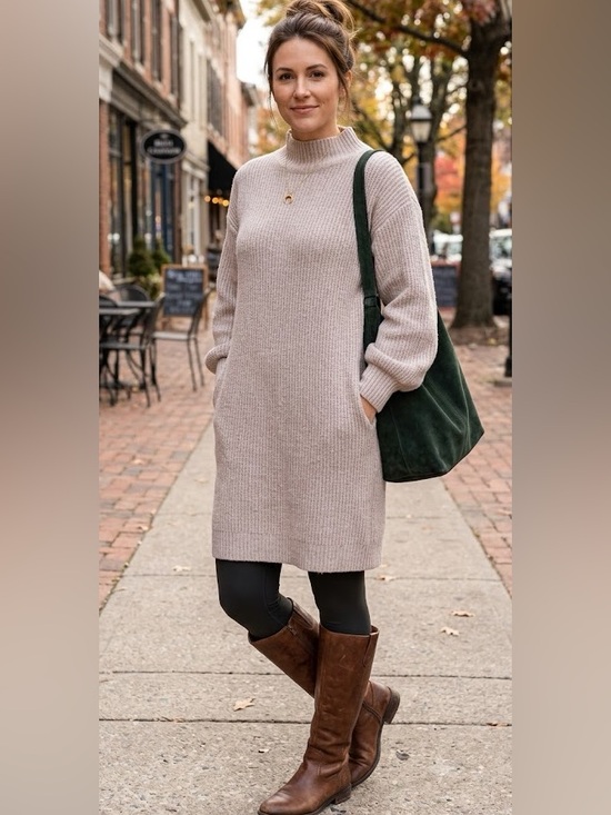 Dreamers Sweaters - DREAMERS Mock Neck Ribbed Knit Sweater Dress Oatmeal Beige M/L